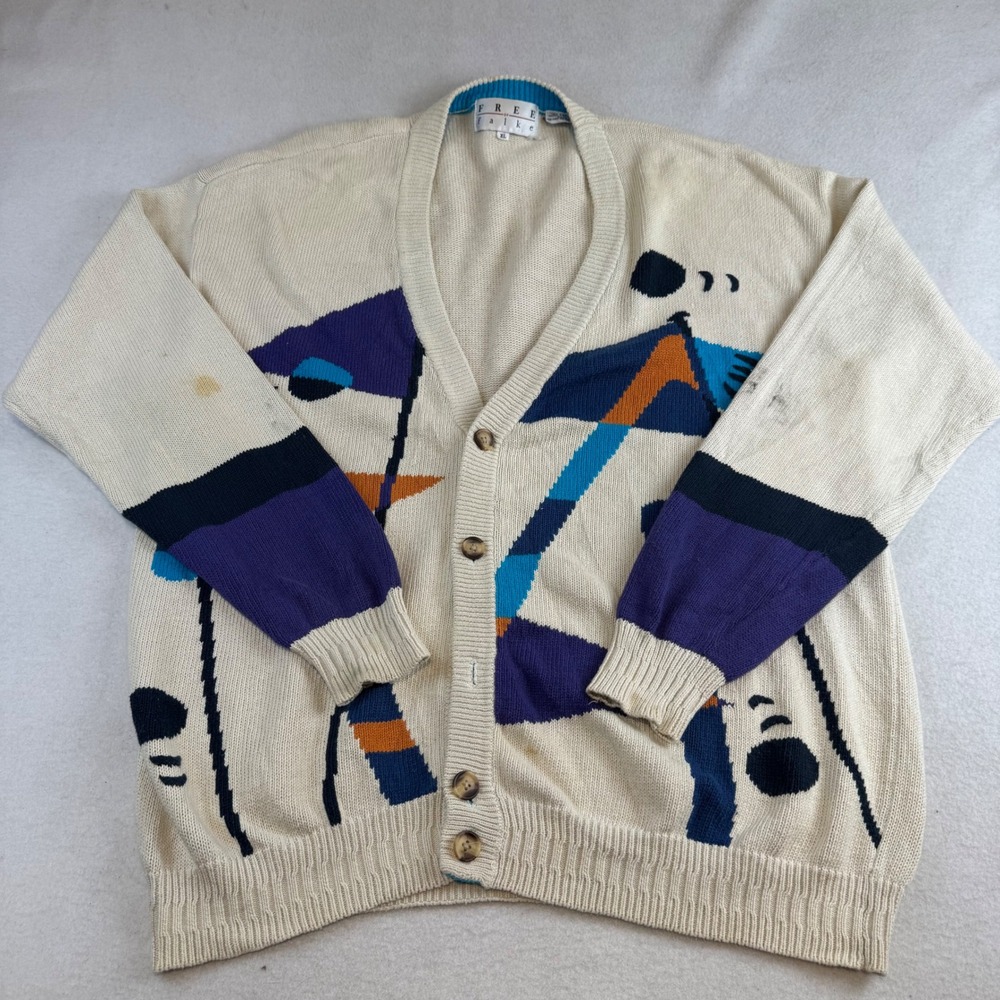 Vintage Free by Falke Abstract Geometric Cotton Cardigan Sweater Mens XL Cream
